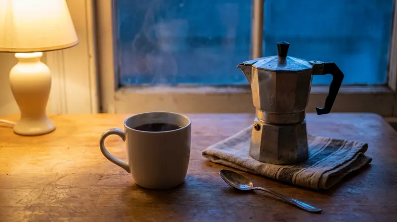 Stovetop coffee pot and a steaming white mug in the circle of a table lamp before dawn
