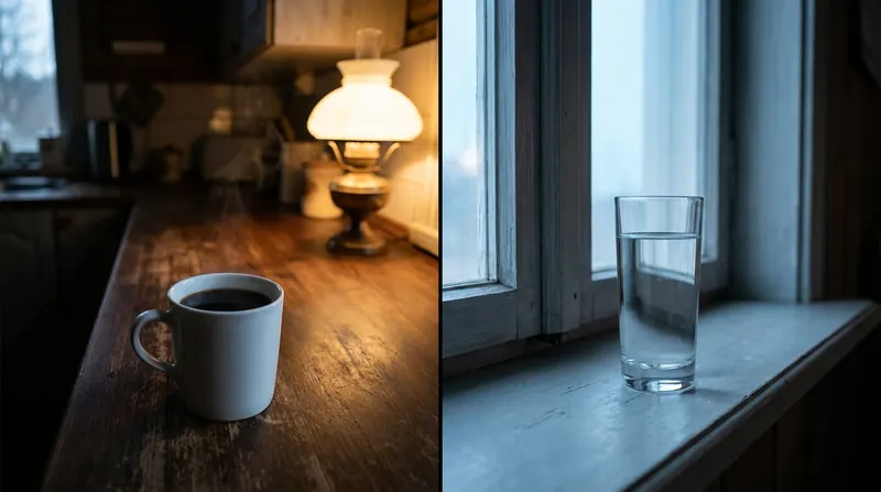 Coffee and water, split: a steaming mug in lamplight on the left, a glass of water on a dawn windowsill on the right