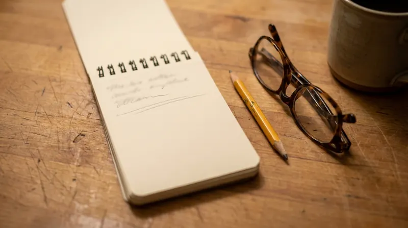 Pencil notes and folded tortoiseshell glasses on a lamplit table beside a coffee mug