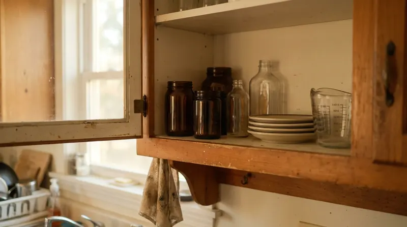 Cabinet shelf of plain unlabeled jars and bottles in soft morning light