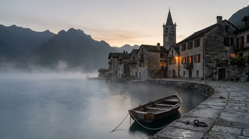 Stone houses with a few lit windows on the shore of Lake Maggiore at first light