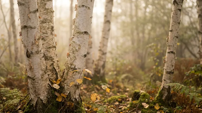 White birch trunks in early morning mist with a few yellow leaves on the ground