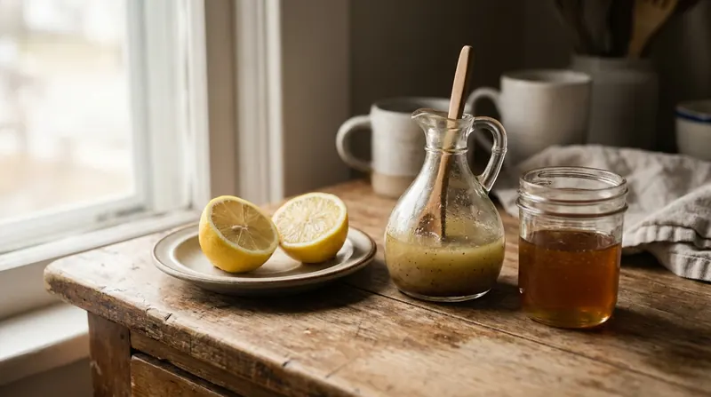 Halved lemon on a white saucer beside a cruet of dressing and a small jar of syrup