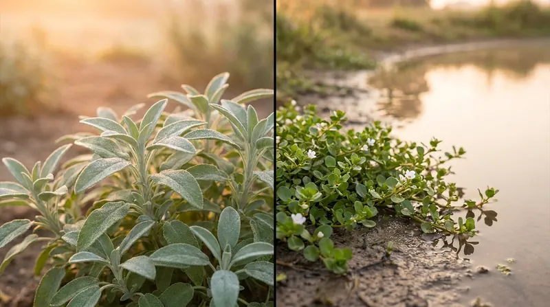 Sage and bacopa, split: dew on gray-green sage leaves on the left, bacopa at a pond's edge on the right