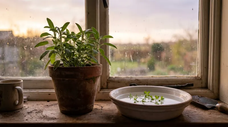 Potted sage and a dish of floating bacopa sprigs on a windowsill at dawn