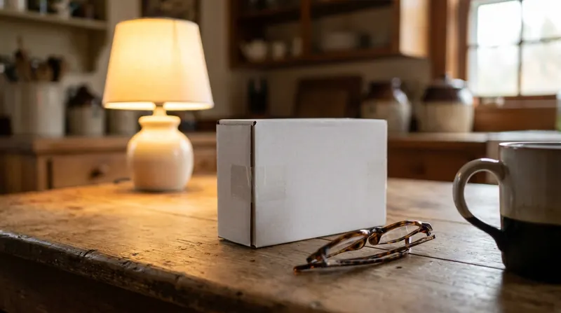 Unopened white box with its end flap still taped shut, beside folded glasses under a table lamp