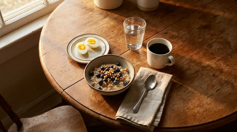 Oatmeal with blueberries and walnuts, a halved boiled egg, water and coffee on a round wooden table