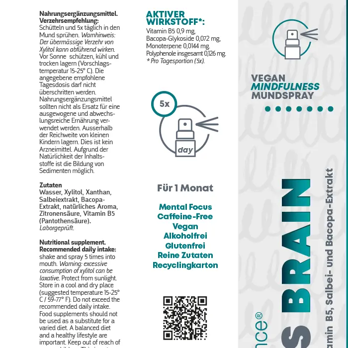 The seller's official unfolded label for Focus Brain, with its ingredients, amounts for five presses and cautions